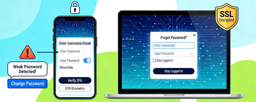 Ilustrasi proses login dan keamanan akun online di perangkat mobile dan laptop